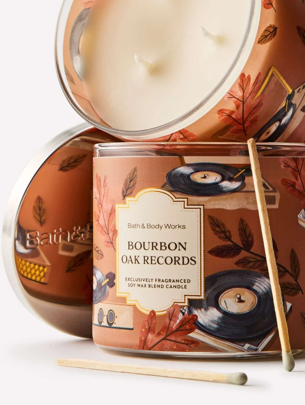 Bath & Body Works Record Player Candle Holder & Bourbon Oak Records Candle Set